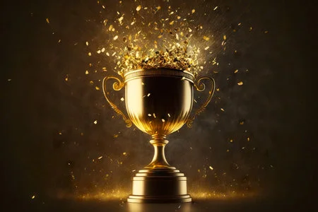 premio deportivo por ganar una copa dorada llena de confeti copia